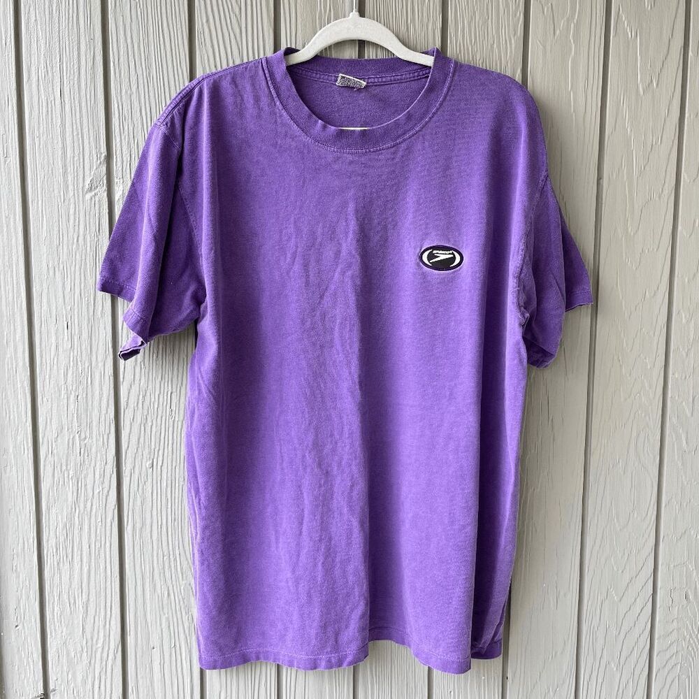 Vintage 90s Speedo Patch Logo Purple Cotton Distressed Tee, SZ L